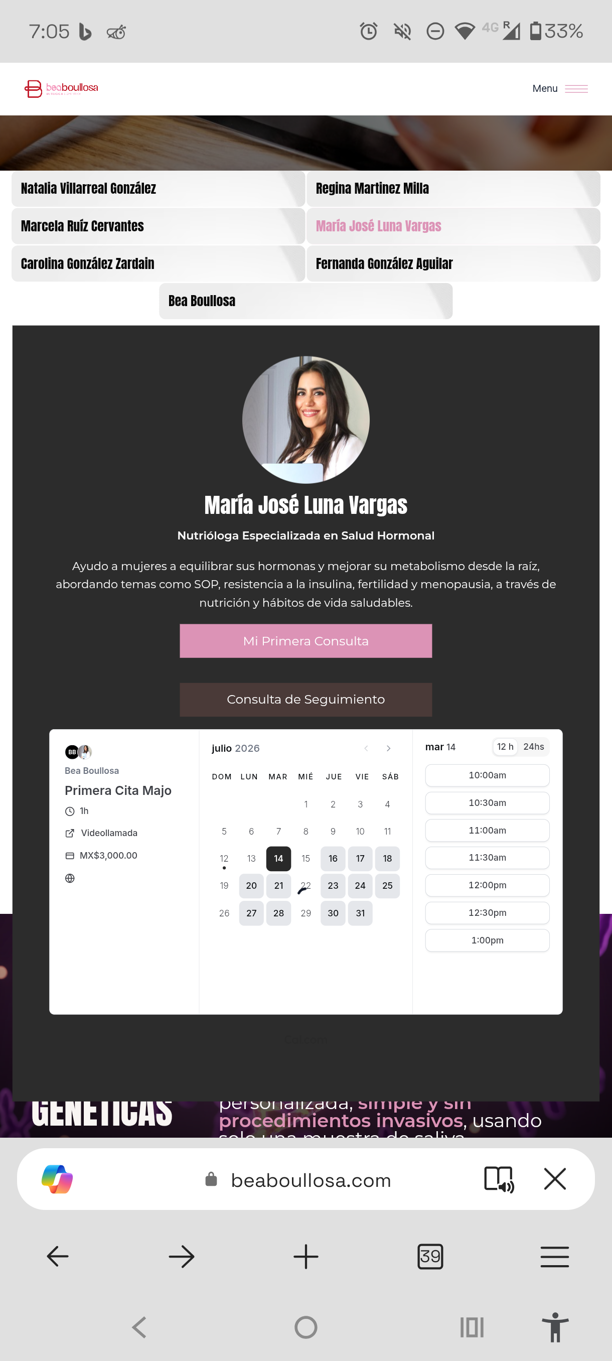 Calendario Cal.com mostrando disponibilidad en tiempo real y un precio de MX$3,000 por sesión