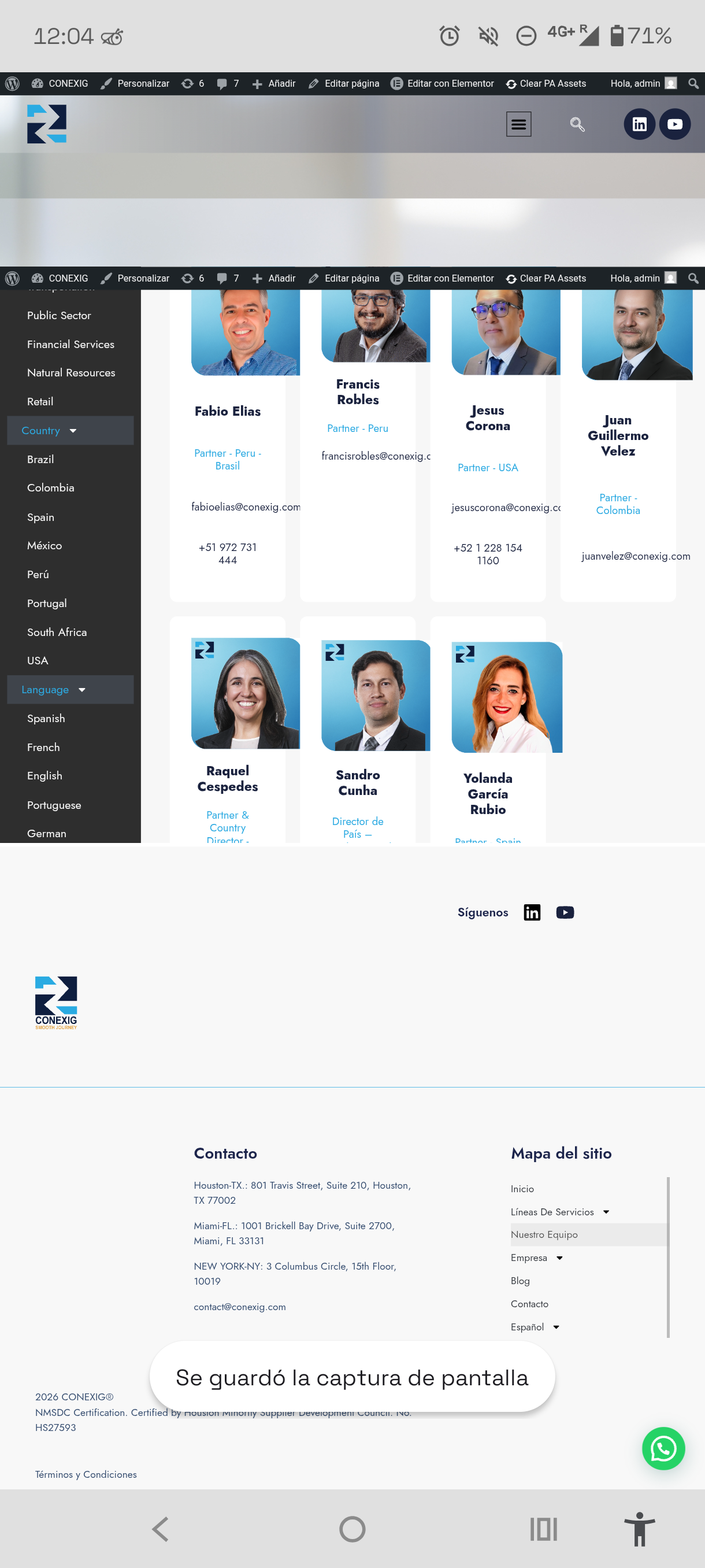 Filtros de país e idioma expandidos, listando oficinas e idiomas de los consultores