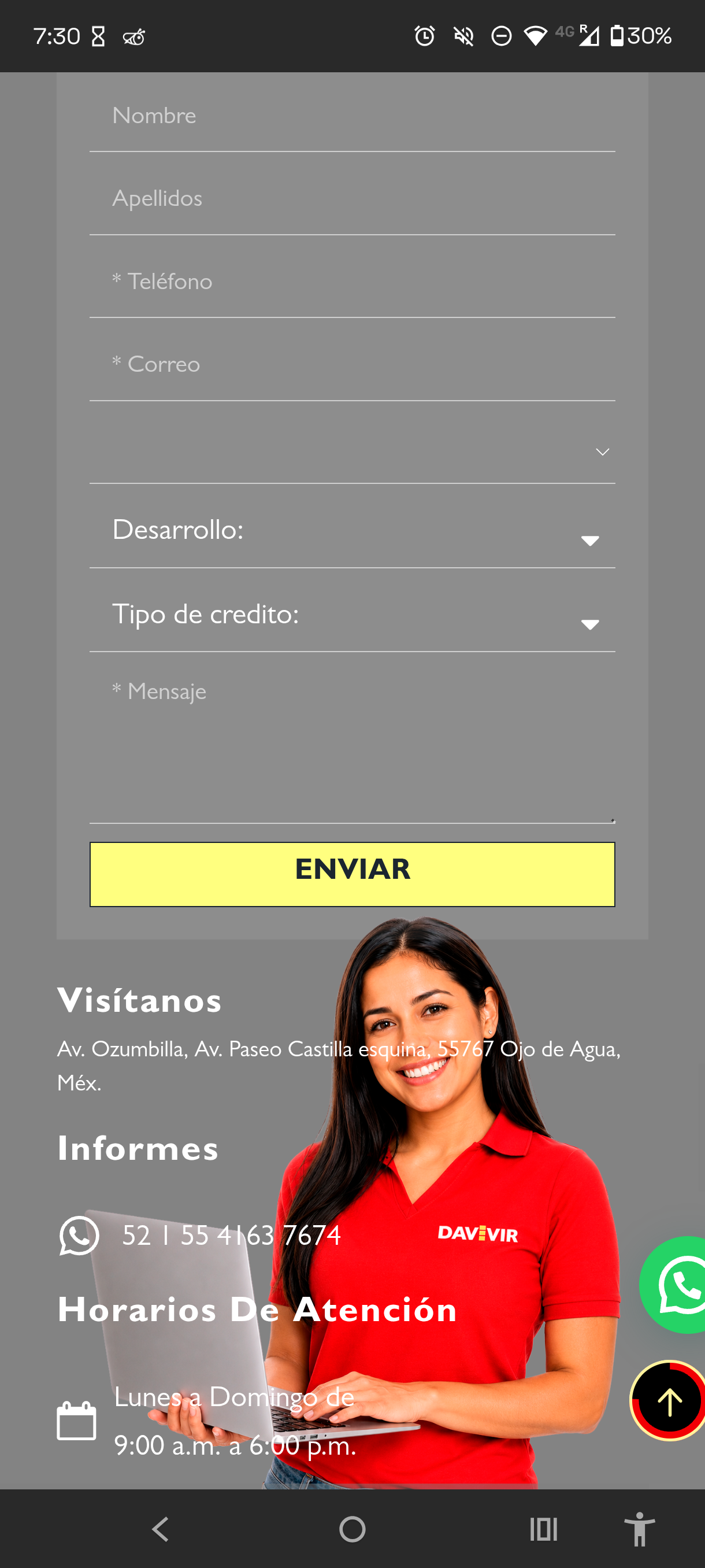 Formulario general de leads con campos de ruteo para desarrollo de interés y tipo de crédito