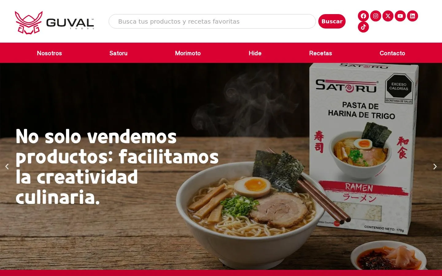 Página de inicio de Guval con ramen y el empaque de Satoru
