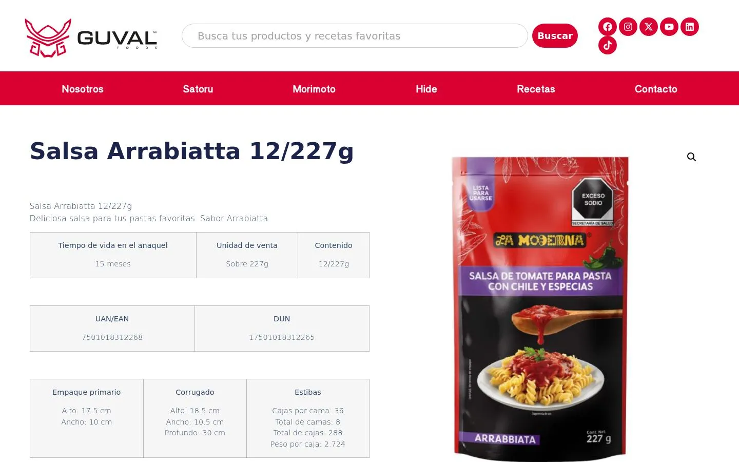 Ficha de producto de salsa Arrabiatta con datos de empaque y códigos EAN y DUN