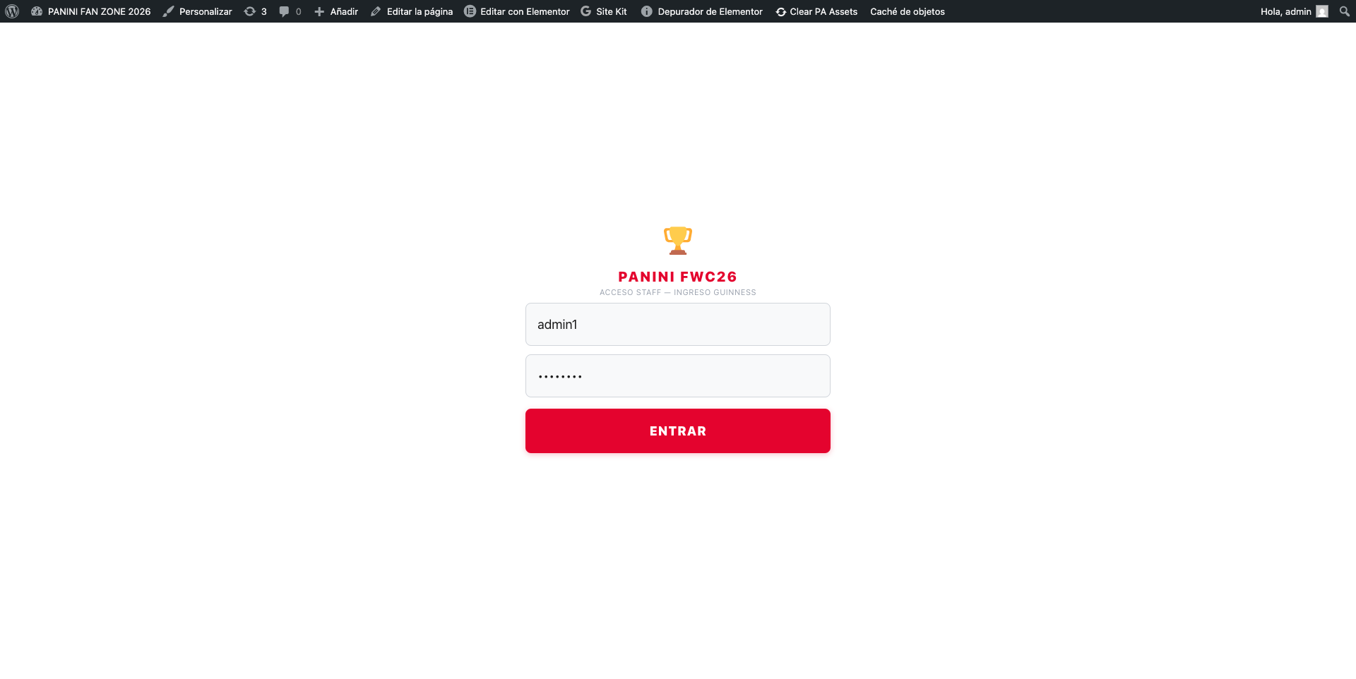 Pantalla de login de staff para el módulo de registro del Récord Guinness