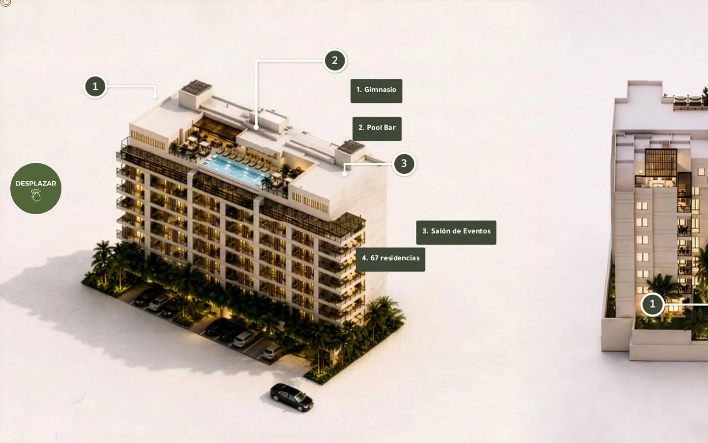 Render del edificio con amenidades numeradas